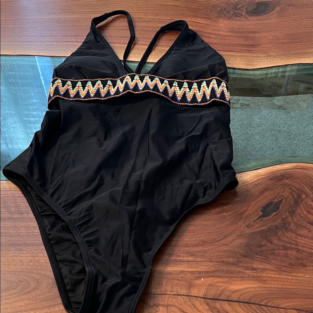 Black One-Piece Swimsuit with Multicolor Zigzag Trim